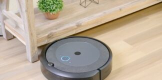 Robot sprzątający na drewnianej podłodze obok doniczkowej rośliny