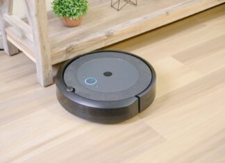 Robot sprzątający na drewnianej podłodze obok doniczkowej rośliny
