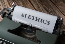 Czy algorytmy mogą dyskryminować? Sprawiedliwość w erze sztucznej inteligencji Maszyna do pisania z kartką AI Ethics, symbol etyki sztucznej inteligencji