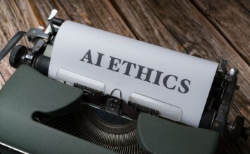 Czy algorytmy mogą dyskryminować? Sprawiedliwość w erze sztucznej inteligencji Maszyna do pisania z kartką AI Ethics, symbol etyki sztucznej inteligencji